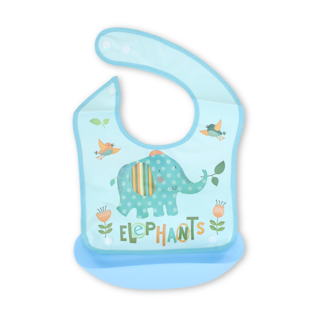 Silicone Baby Bib with Food Catcher Pocket – Aqua with Elephant Print