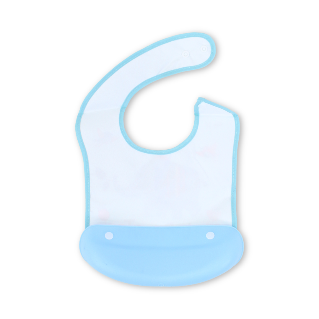 Silicone Baby Bib with Food Catcher Pocket – Aqua with Elephant Print