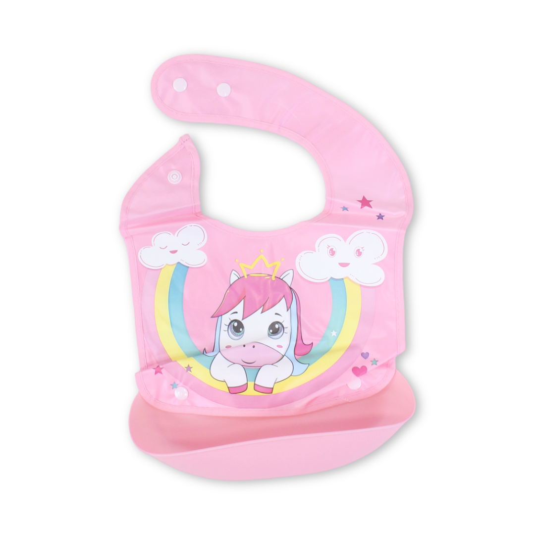 Silicone Baby Bib with Food Catcher Pocket – Pink with Unicorn Print