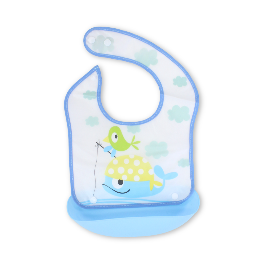Silicone Baby Bib with Food Catcher Pocket – Baby Blue with Whale Print