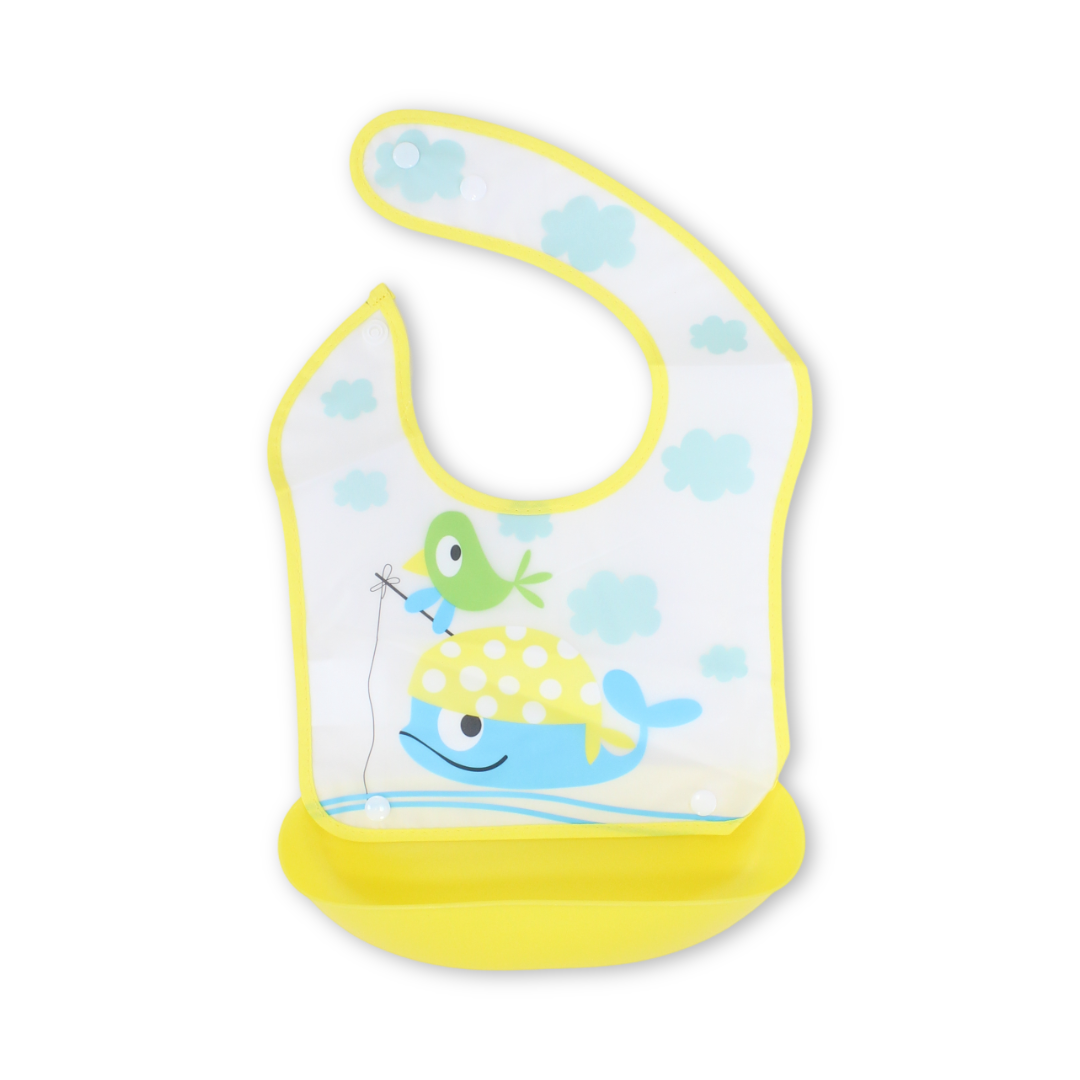 Silicone Baby Bib with Food Catcher Pocket – Yellow with Mouse Print
