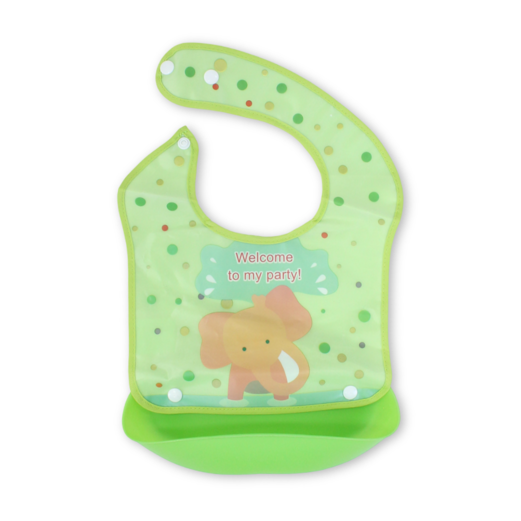 Silicone Baby Bib with Food Catcher Pocket – Green with Elephant Print