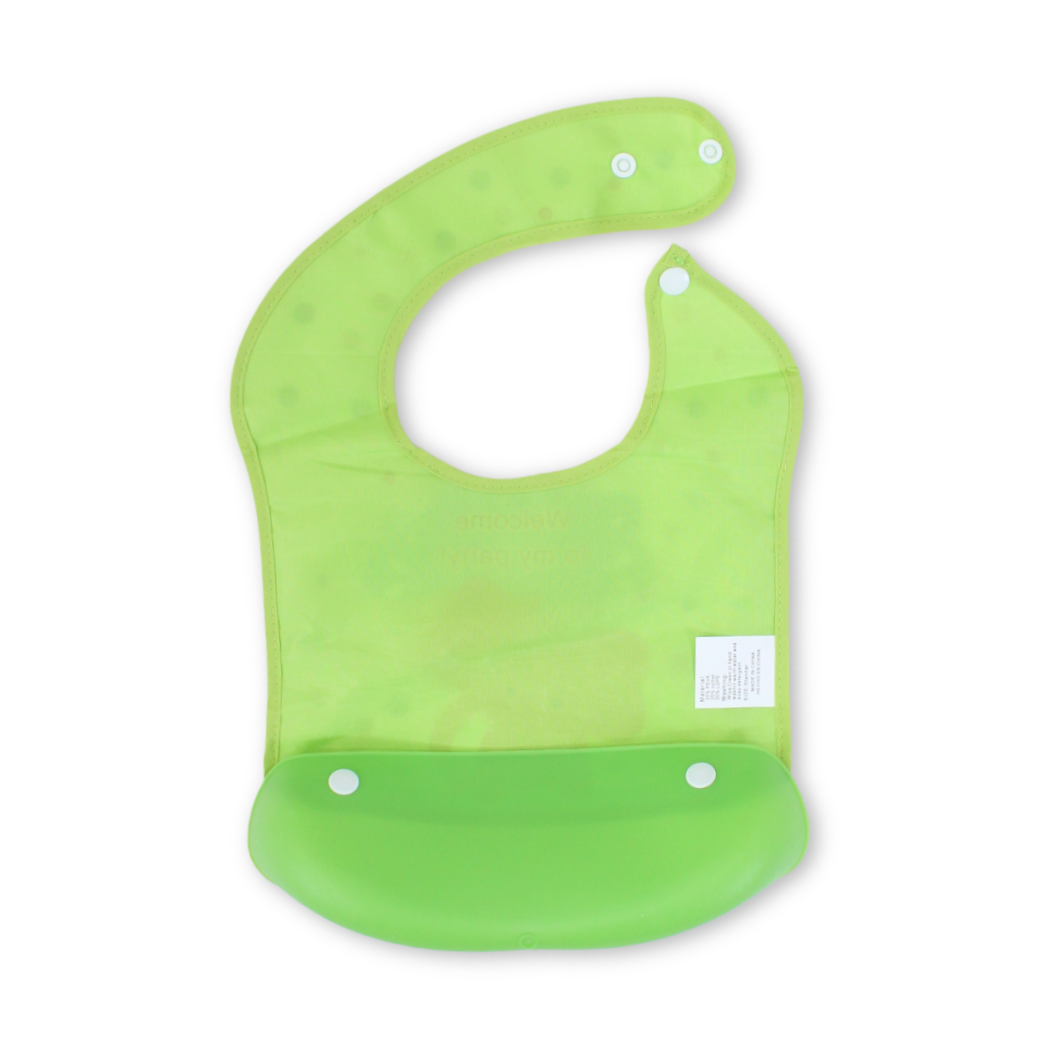 Silicone Baby Bib with Food Catcher Pocket – Green with Elephant Print