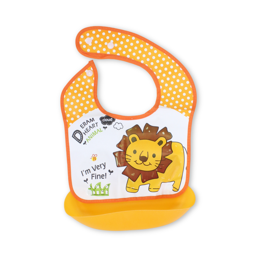 Silicone Baby Bib with Food Catcher Pocket – Orange with Lion Print