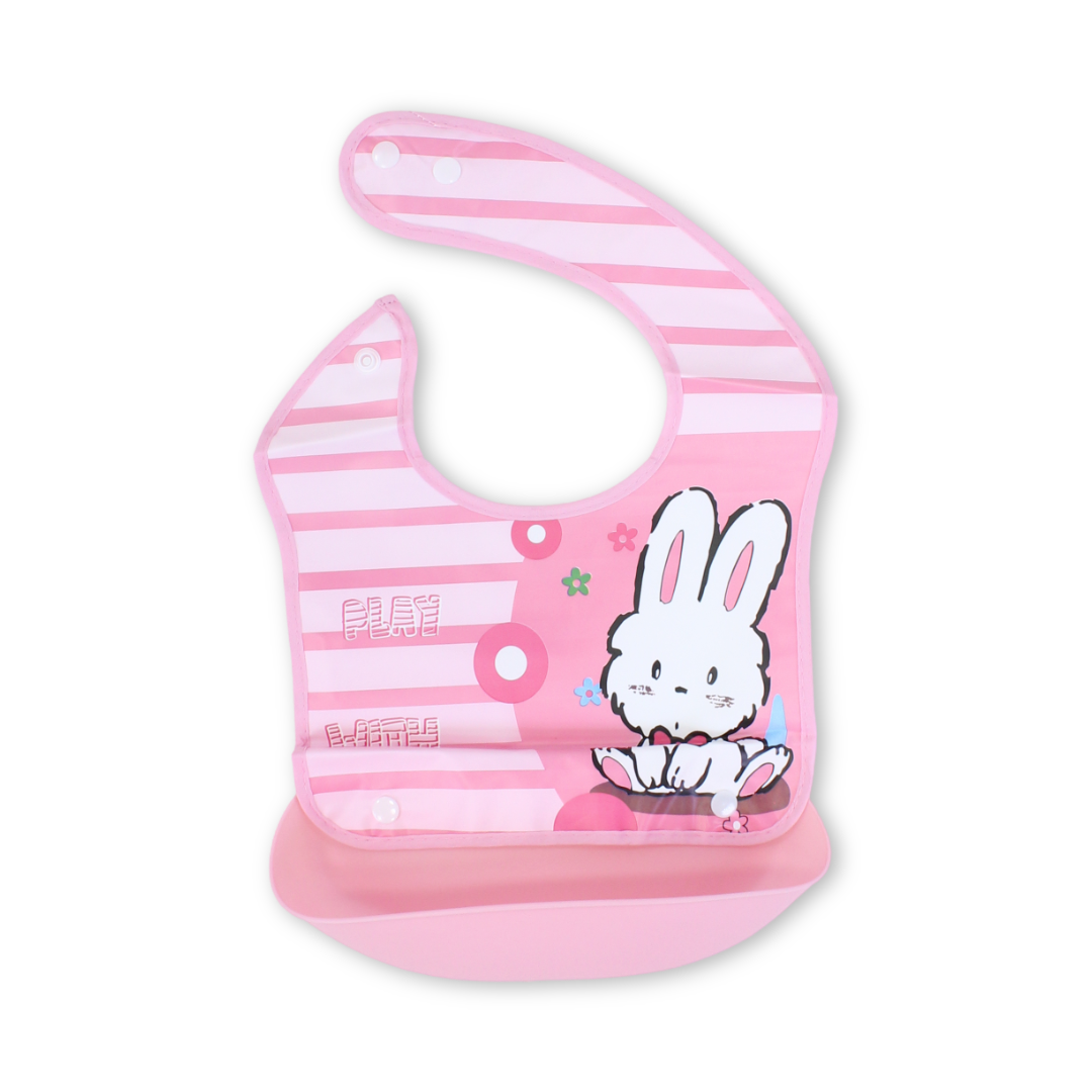 Silicone Baby Bib with Food Catcher Pocket – Pink with Rabbit Print