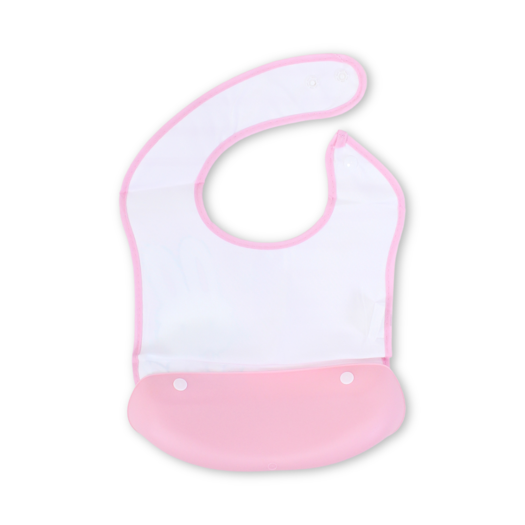 Silicone Baby Bib with Food Catcher Pocket – Pink with Rabbit Print