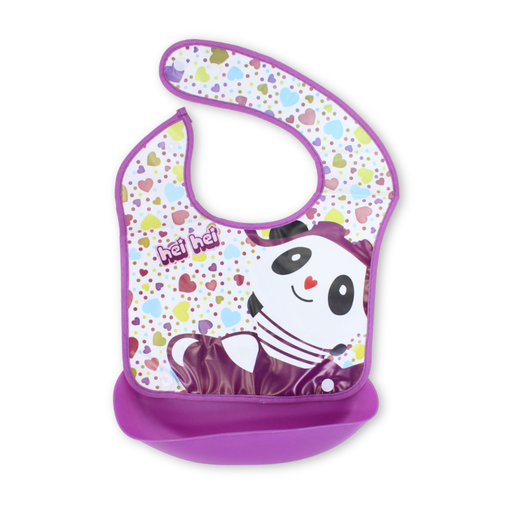 Silicone Baby Bib with Food Catcher Pocket – Purple with Panda Print