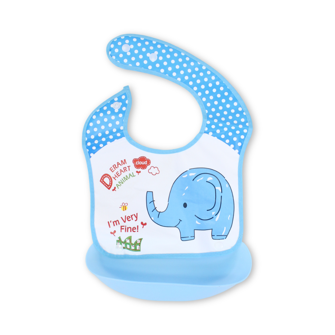 Silicone Baby Bib with Food Catcher Pocket – Baby Blue with Elephant Print