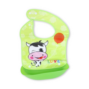 Silicone Baby Bib with Food Catcher Pocket – Green with Cow Print