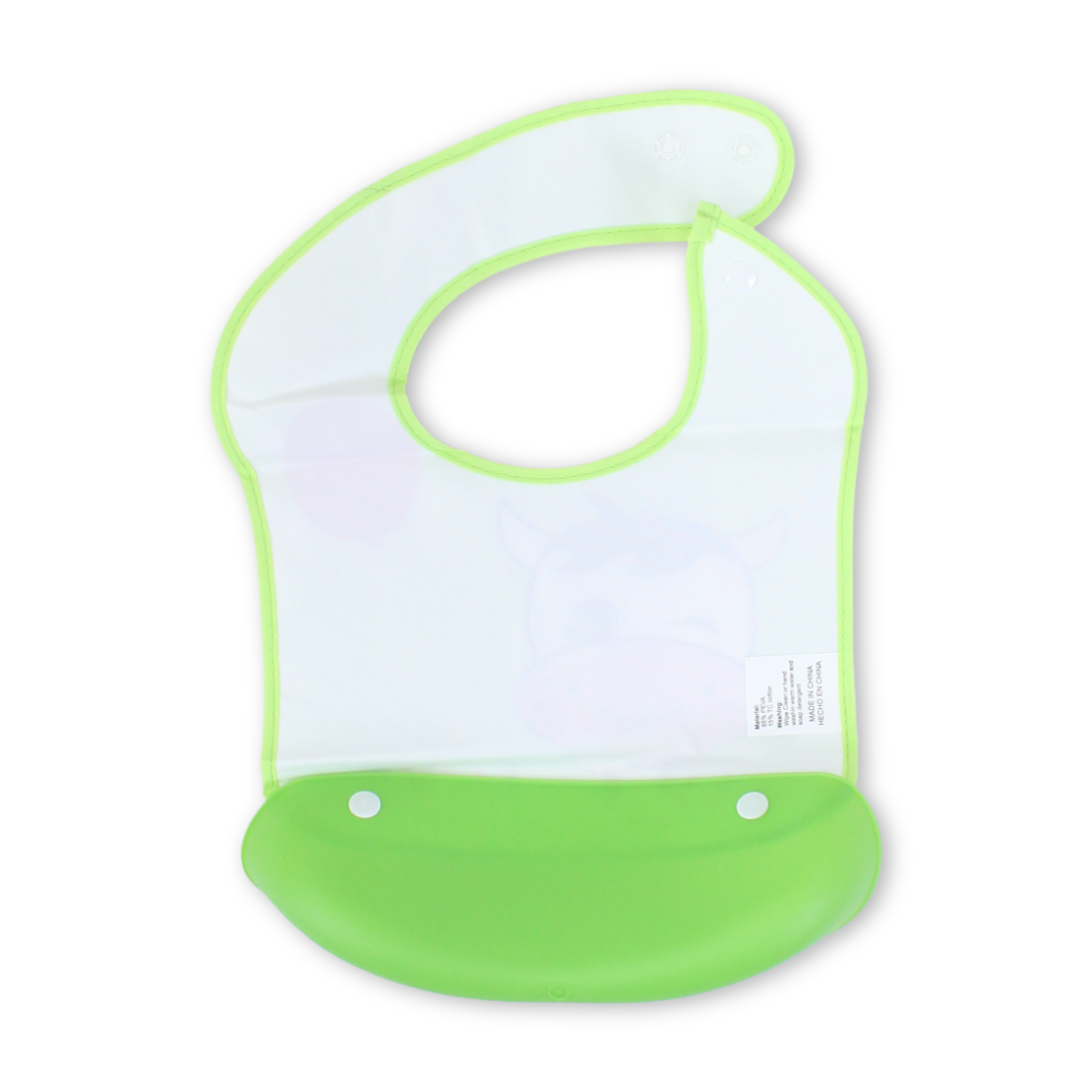 Silicone Baby Bib with Food Catcher Pocket – Green with Cow Print