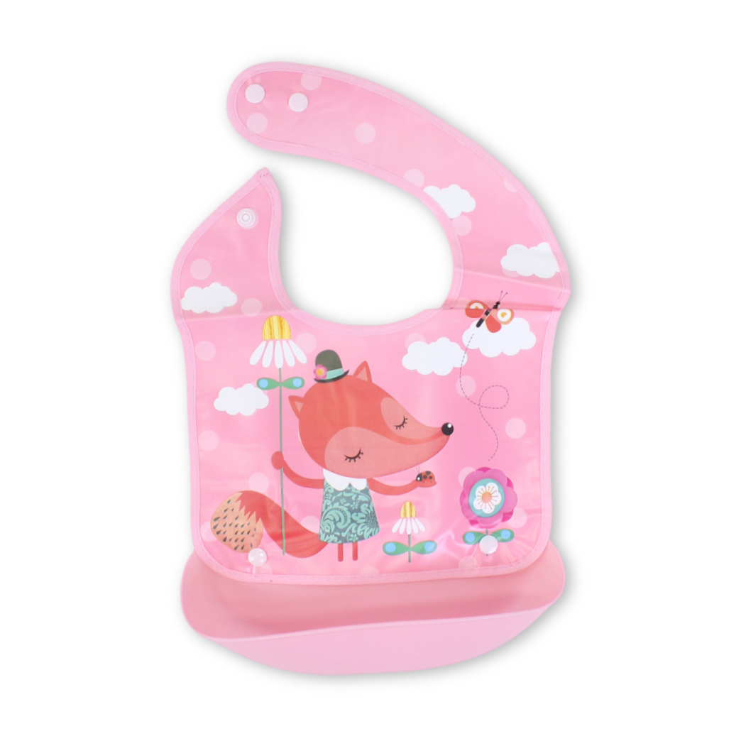 Silicone Baby Bib with Food Catcher Pocket – Pink with Squirrel Print