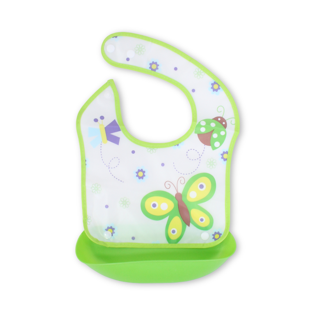 Silicone Baby Bib with Food Catcher Pocket – Green with Butterfly Print - Baby Essentials - Happy Baby