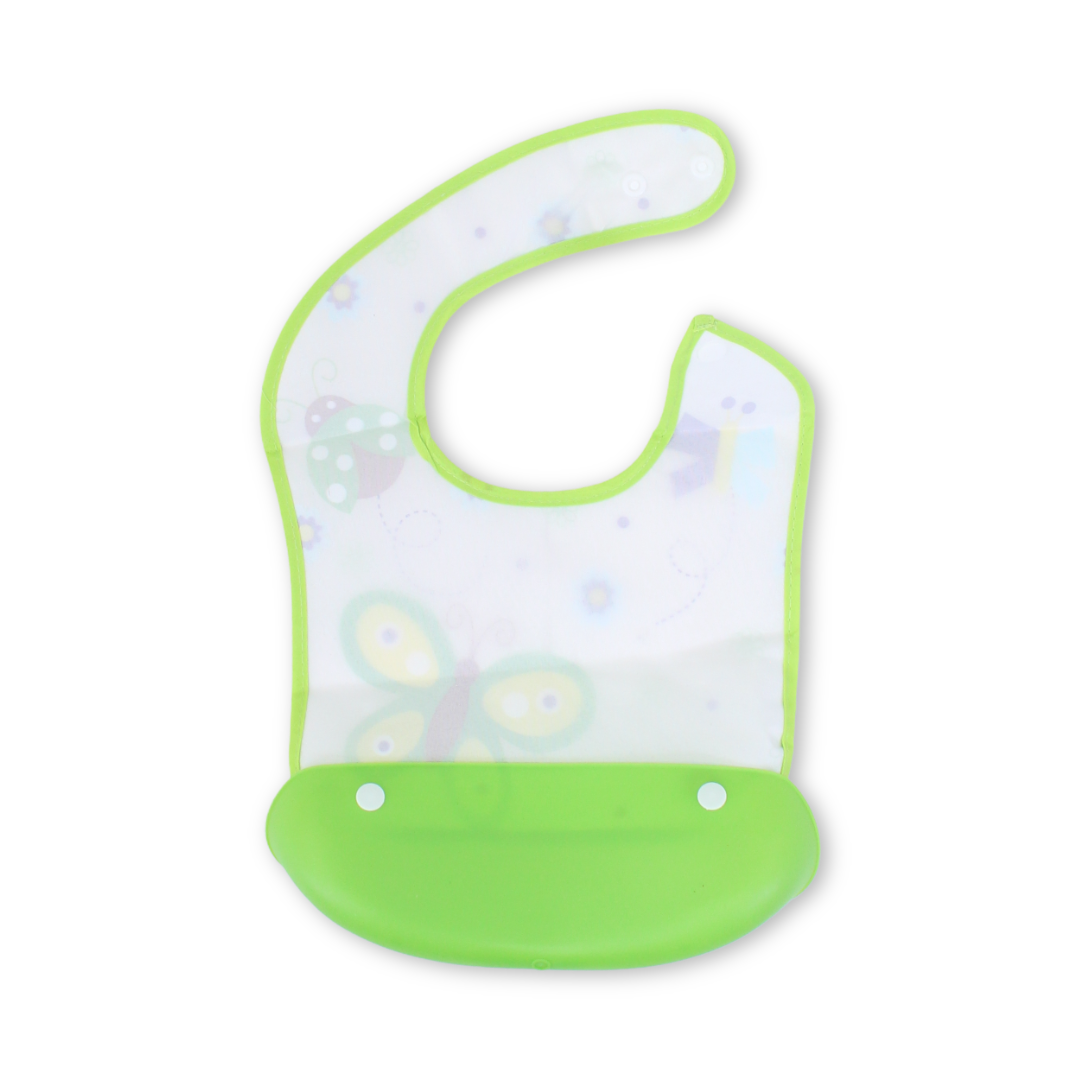 Silicone Baby Bib with Food Catcher Pocket – Green with Butterfly Print