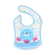Silicone Baby Bib with Food Catcher Pocket – Baby Blue with Teddy Bear Print