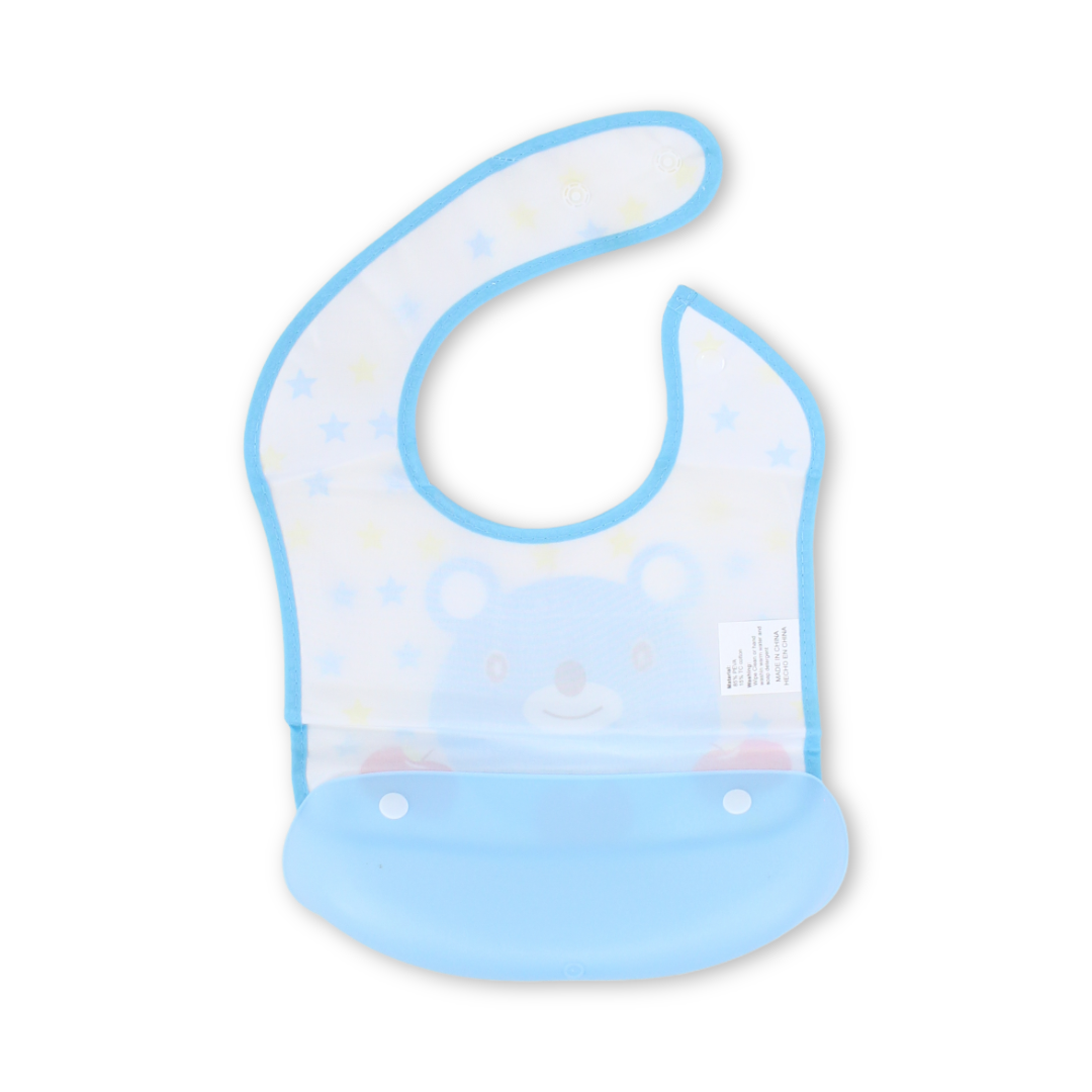 Silicone Baby Bib with Food Catcher Pocket – Baby Blue with Teddy Bear Print