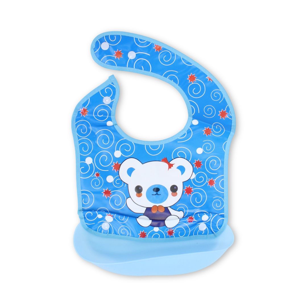 Silicone Baby Bib with Food Catcher Pocket – Blue with Teddy Bear Print