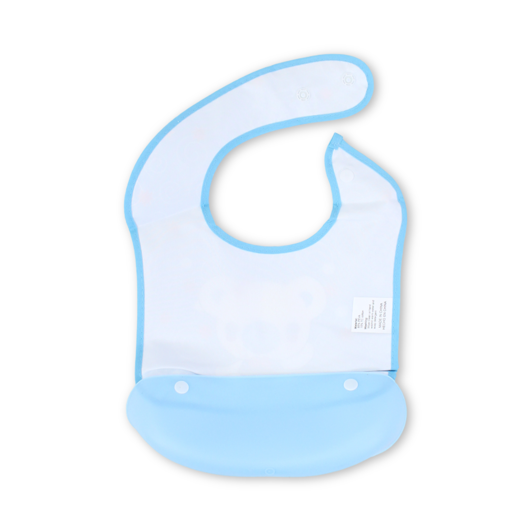 Silicone Baby Bib with Food Catcher Pocket – Blue with Teddy Bear Print