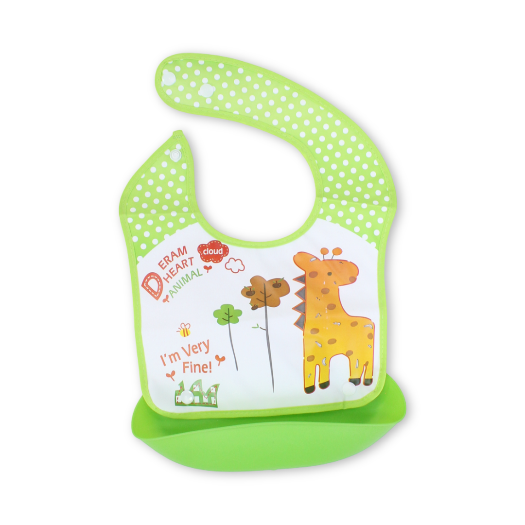 Silicone Baby Bib with Food Catcher Pocket – Green with Giraffe Print
