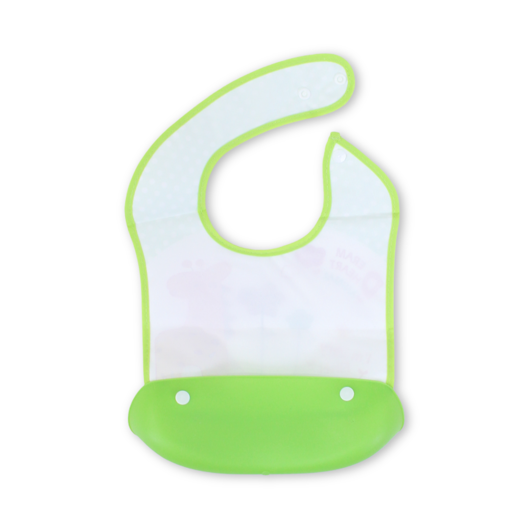 Silicone Baby Bib with Food Catcher Pocket – Green with Giraffe Print