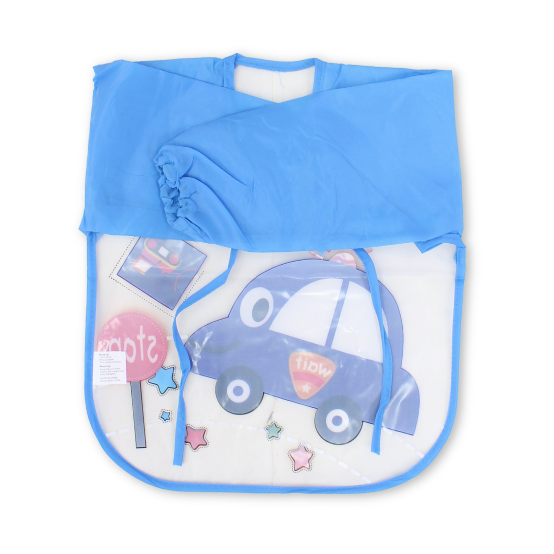Baby Bib with Long-Sleeved – Blue with Car Print