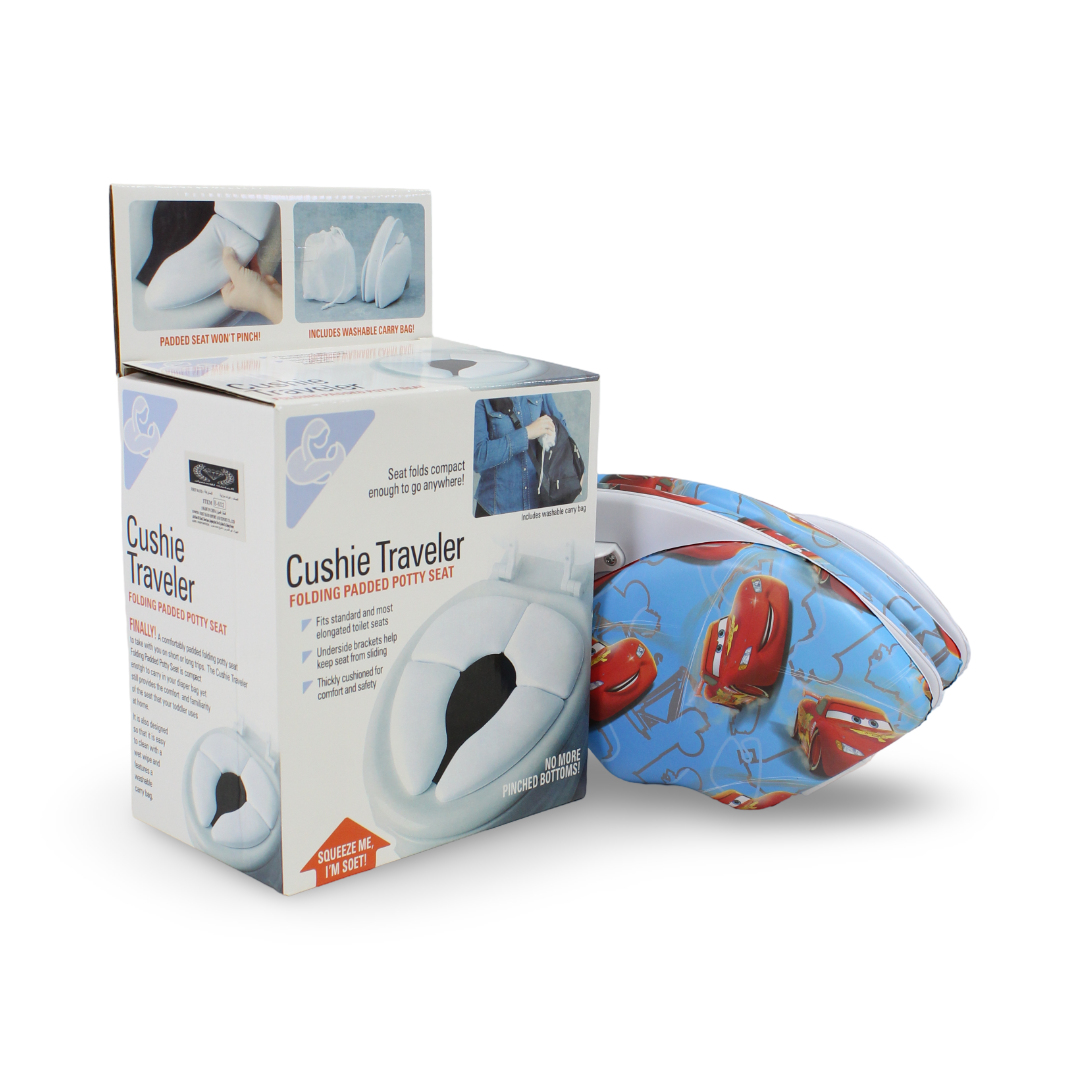 Cushie Traveler Folding Padded Potty Seat – Baby Blue with Cars Print