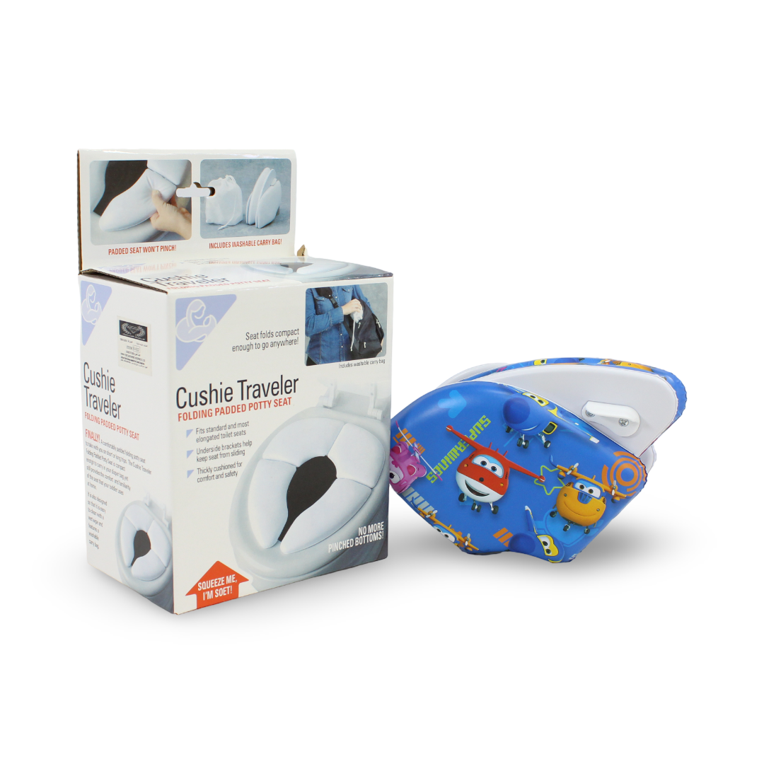 Cushie Traveler Folding Padded Potty Seat – Blue with Airplanes Print