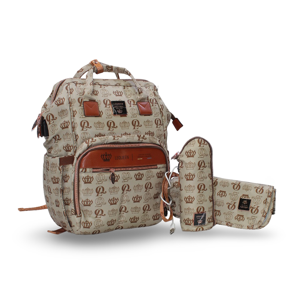 LeQueen Diaper Bag – Beige & Gold with Crown Print - Baby Essentials