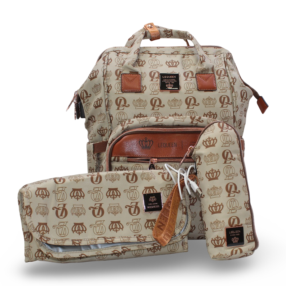 LeQueen Diaper Bag – Beige & Gold with Crown Print
