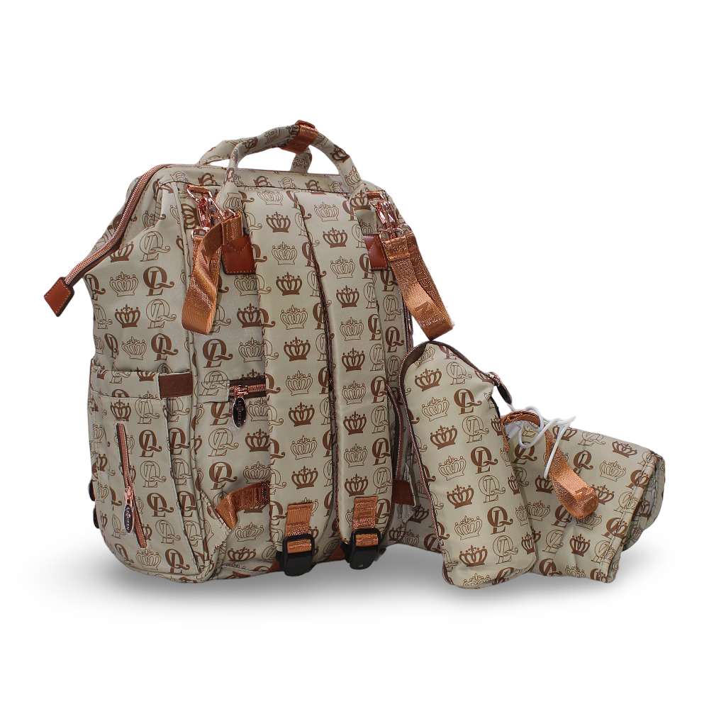 LeQueen Diaper Bag – Beige & Gold with Crown Print