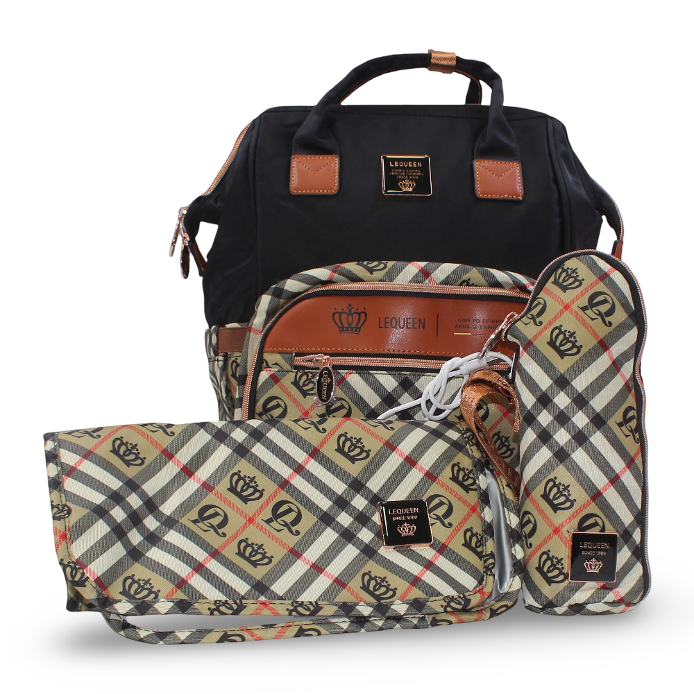 LeQueen Diaper Bag – Checkered Gold with Crown Print