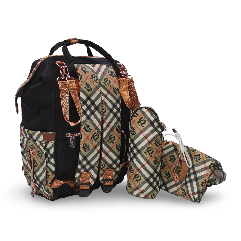 LeQueen Diaper Bag – Checkered Gold with Crown Print
