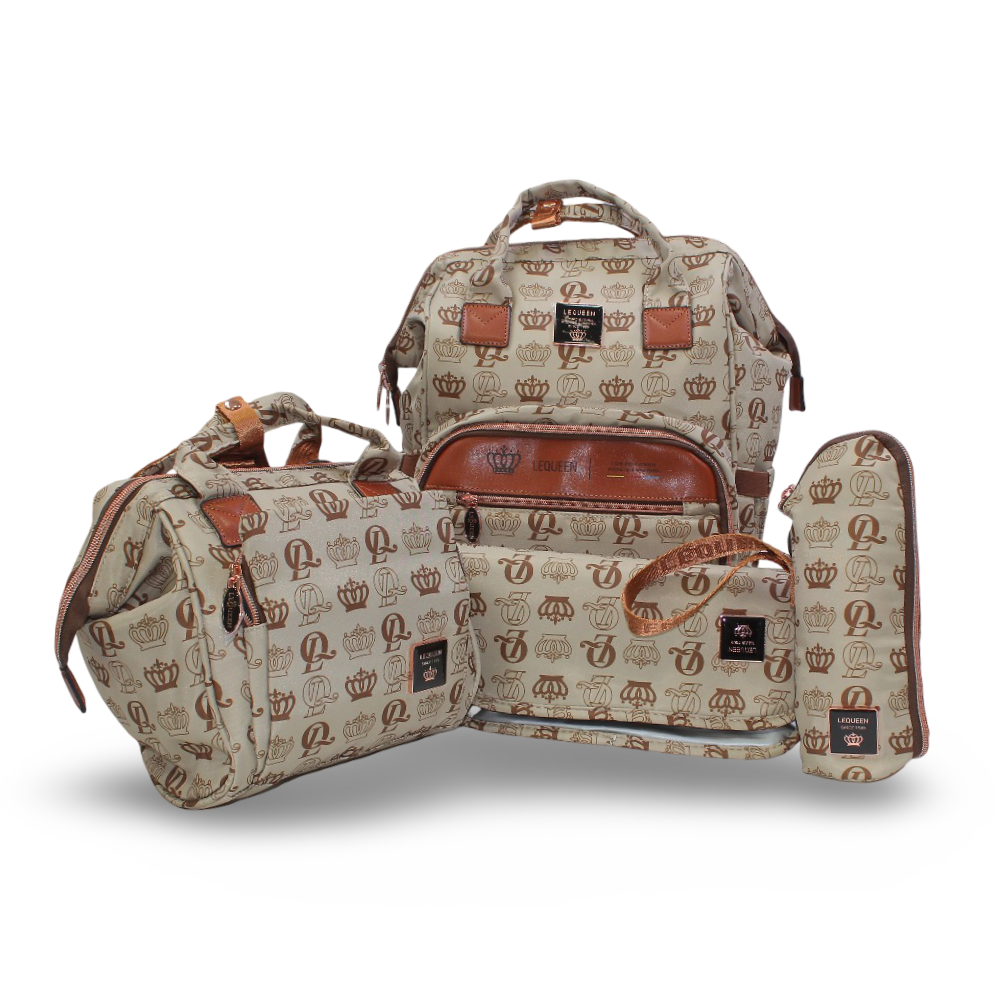LeQueen Diaper Bag Travel Set – Beige & Gold with Crown Print