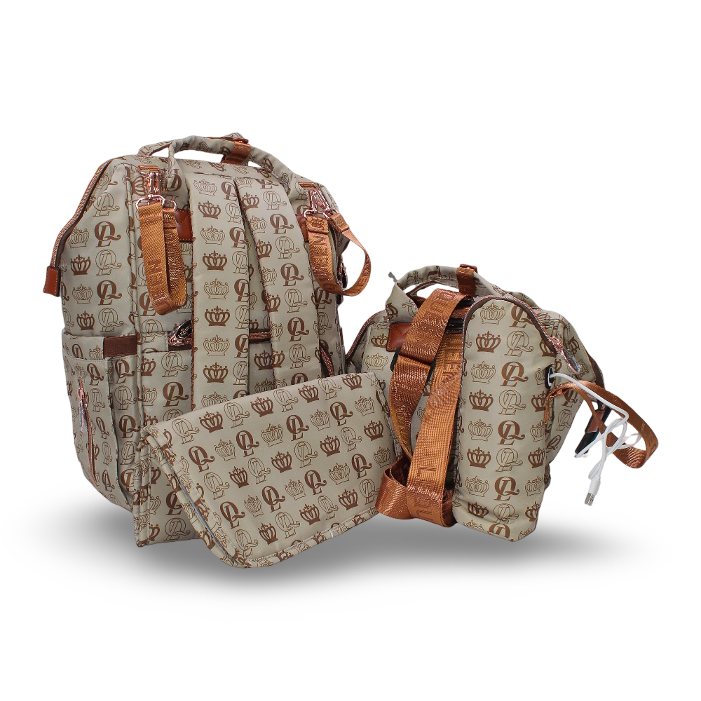 LeQueen Diaper Bag Travel Set – Beige & Gold with Crown Print