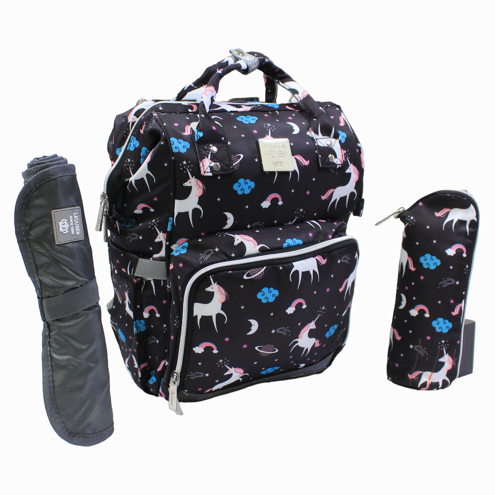 LeQueen Diamond 7th Edition Soft Waterproof Diaper Bag - Black with Unicorn Print