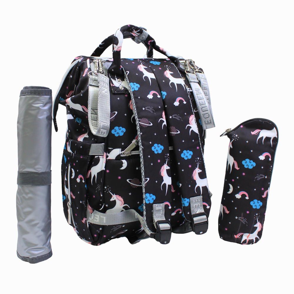 LeQueen Diamond 7th Edition Soft Waterproof Diaper Bag - Black with Unicorn Print