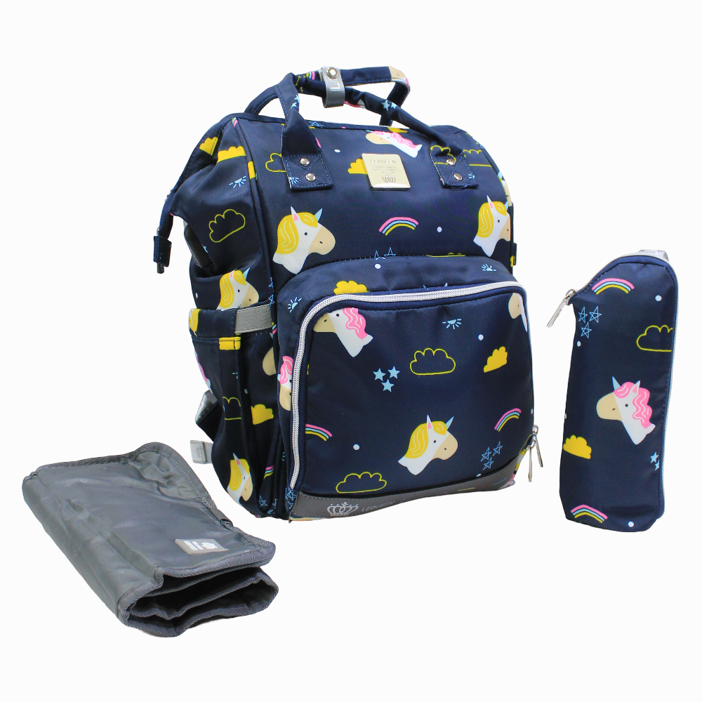 LeQueen Diamond 7th Edition Soft Waterproof Diaper Bag - Blue with Unicorn Print