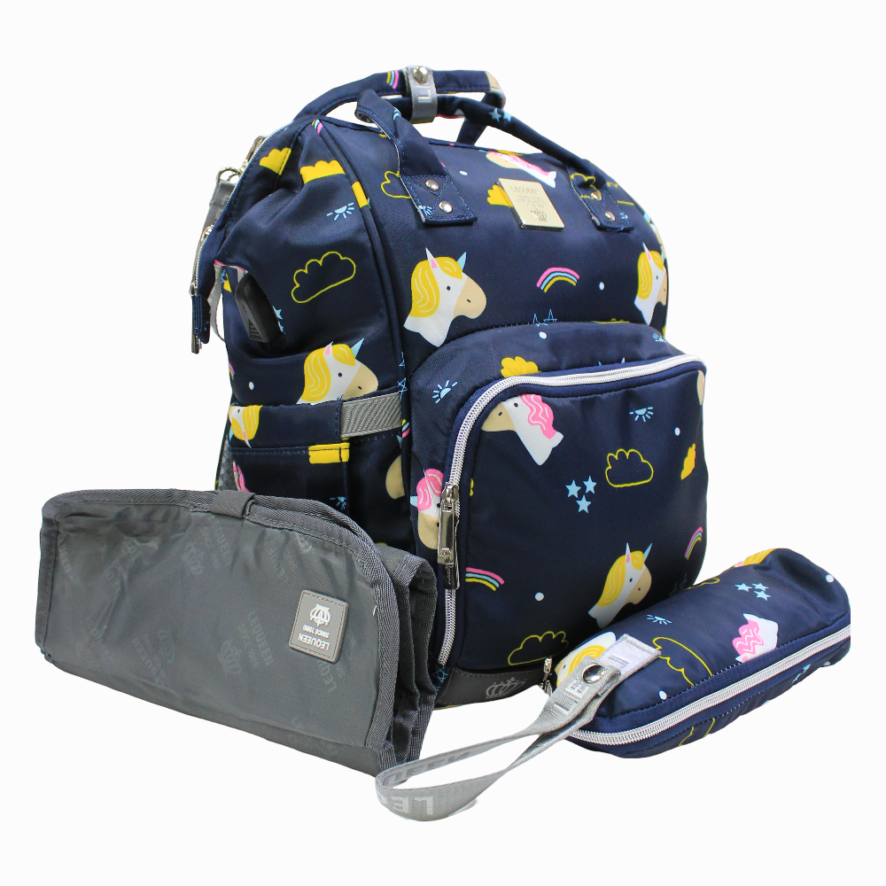 LeQueen Diamond 7th Edition Soft Waterproof Diaper Bag - Blue with Unicorn Print