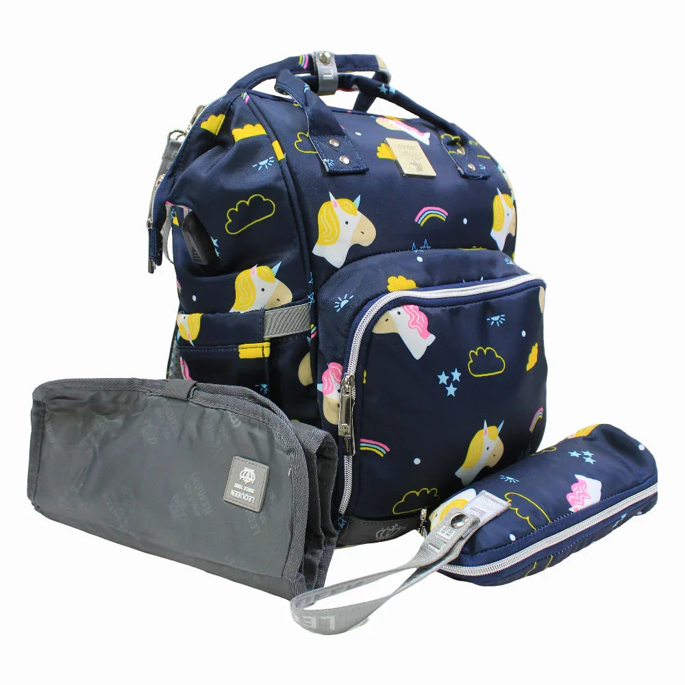 LeQueen Diamond 7th Edition Soft Waterproof Diaper Bag - Blue with Unicorn Print