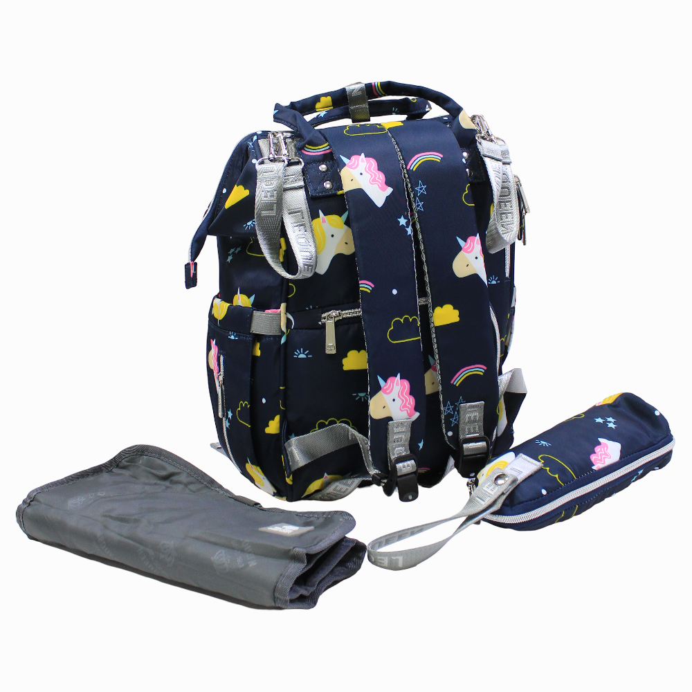 LeQueen Diamond 7th Edition Soft Waterproof Diaper Bag - Blue with Unicorn Print