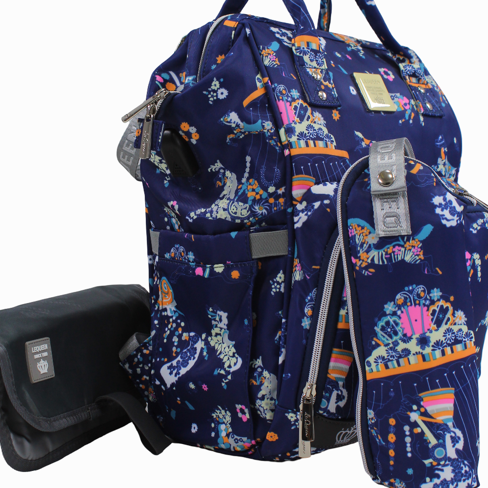 LeQueen Diamond 7th Edition Soft Waterproof Diaper Bag - Navy Blue with Unicorn Print