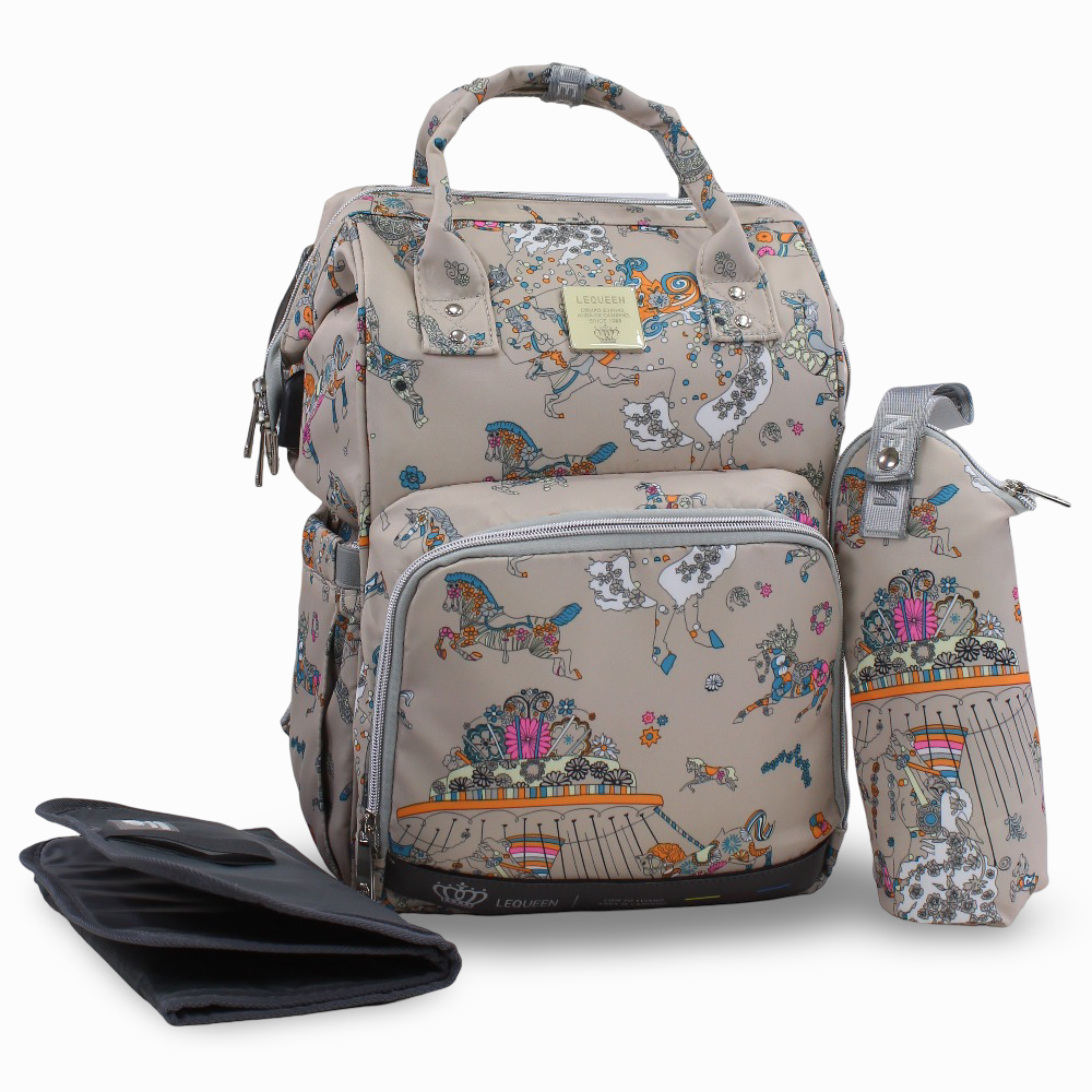 LeQueen Diamond 7th Edition Soft Waterproof Diaper Bag - Beige with Unicorn Print