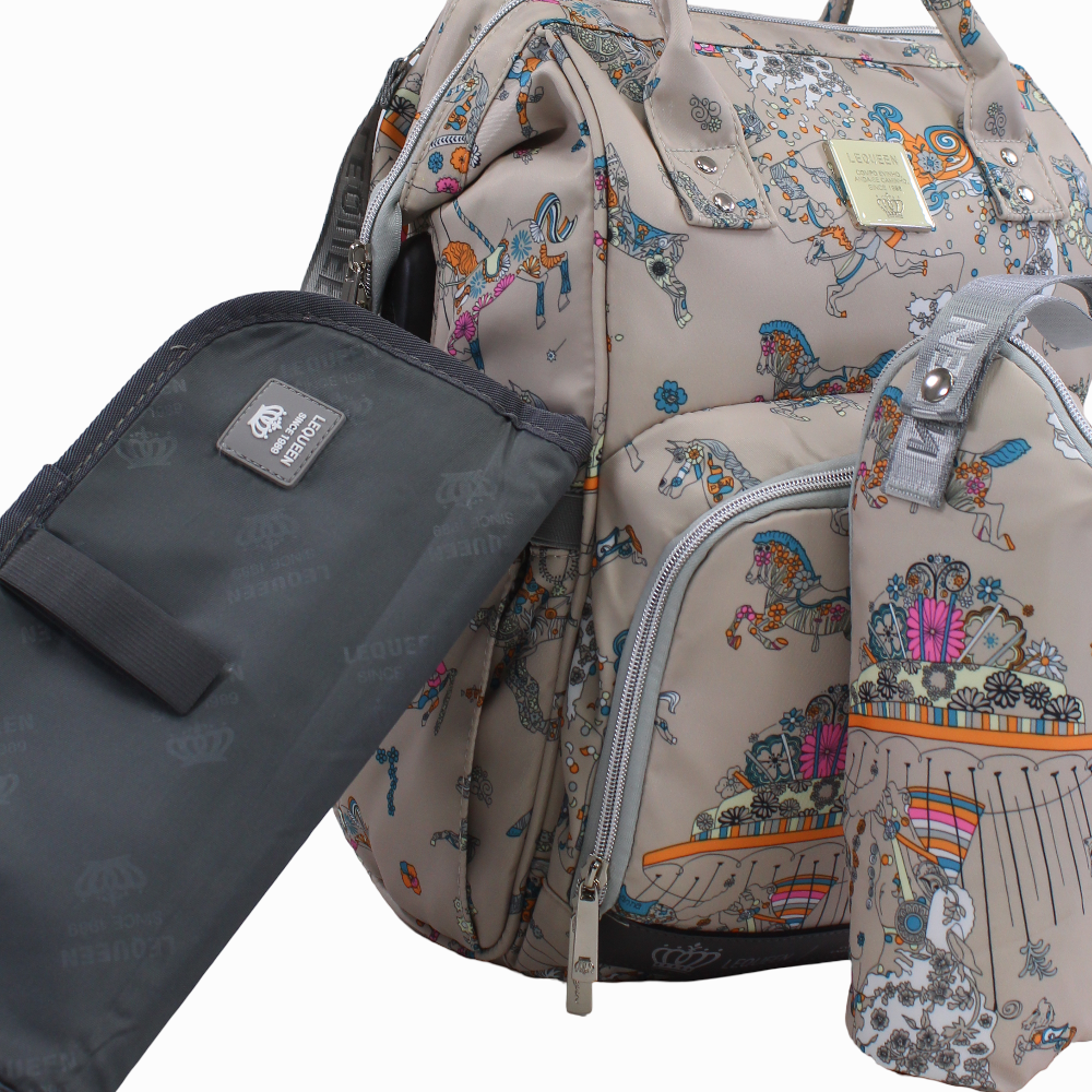LeQueen Diamond 7th Edition Soft Waterproof Diaper Bag - Beige with Unicorn Print