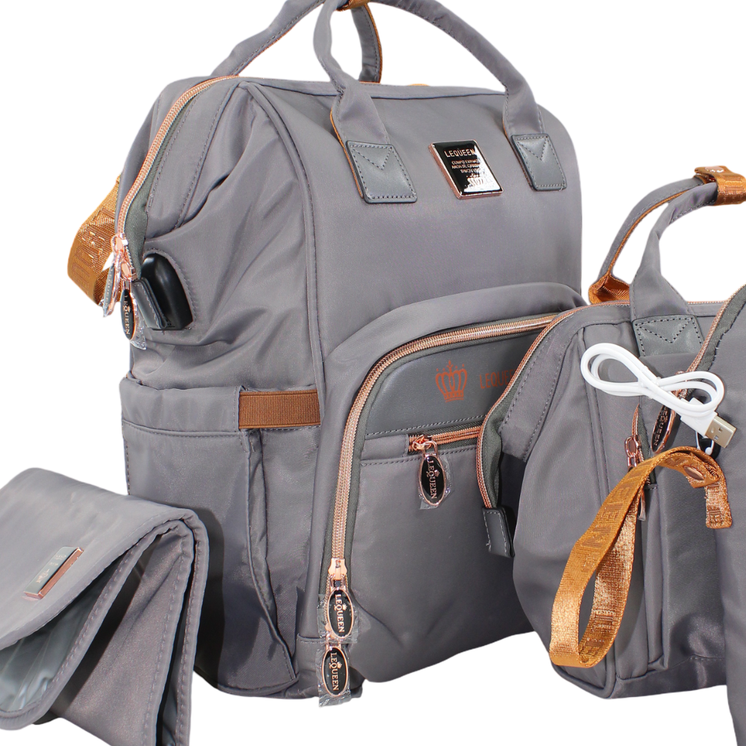 LeQueen Diaper Bag Set – Grey & Gold