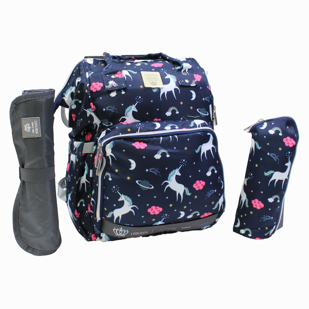 LeQueen Diamond 7th Edition Soft Waterproof Diaper Bag - Blue with Unicorn Print