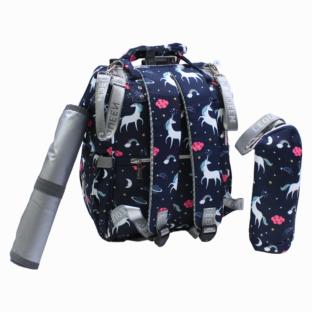 LeQueen Diamond 7th Edition Soft Waterproof Diaper Bag - Blue with Unicorn Print