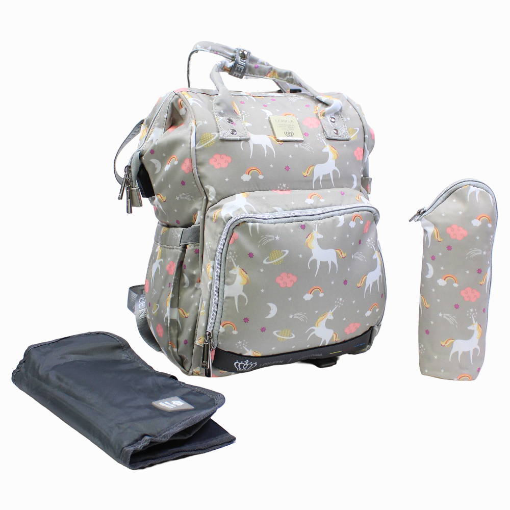 LeQueen Diamond 7th Edition Soft Waterproof Diaper Bag - Grey with Unicorn Print