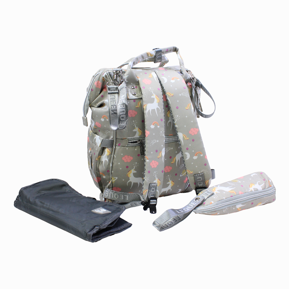 LeQueen Diamond 7th Edition Soft Waterproof Diaper Bag - Grey with Unicorn Print