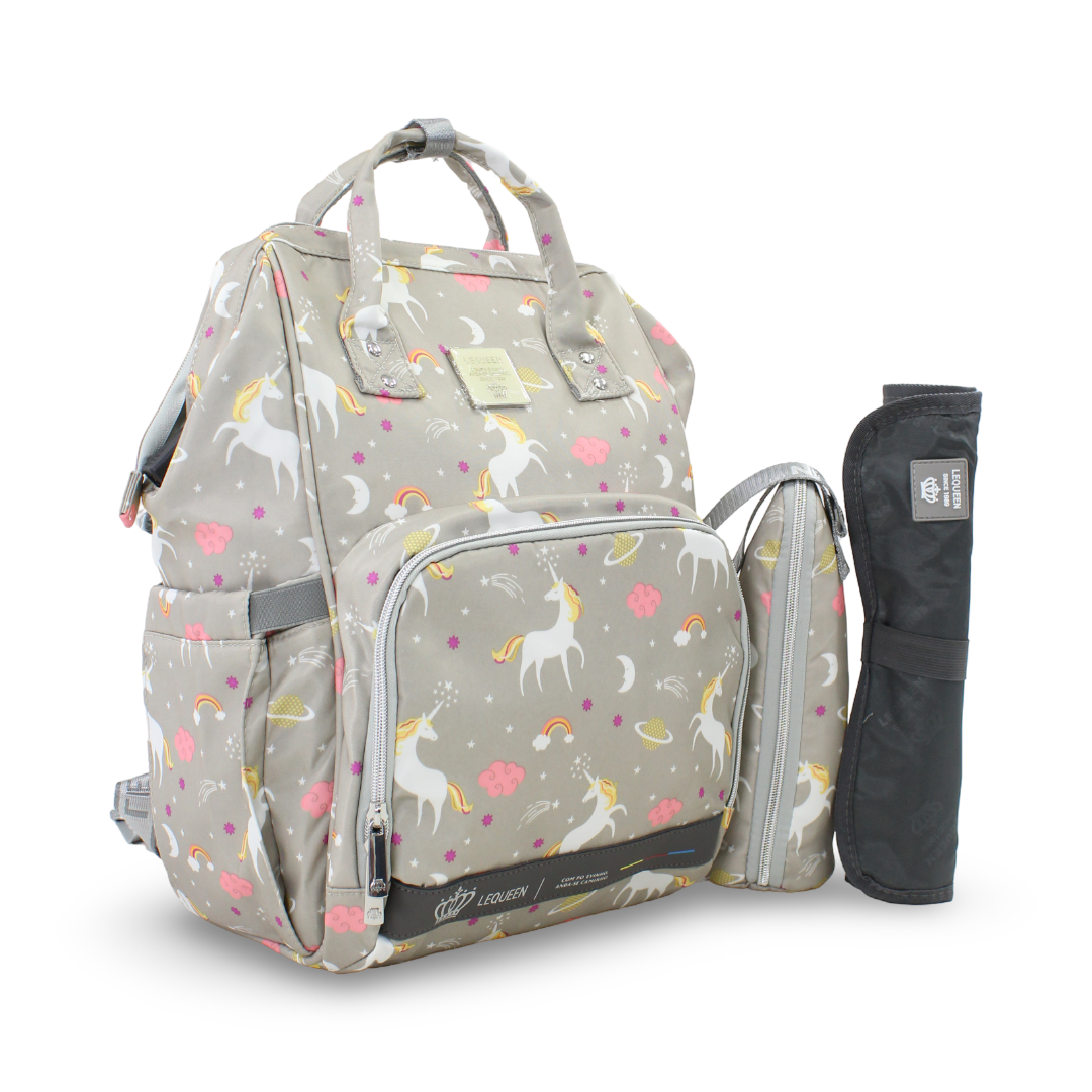 LeQueen Diamond 7th Edition Diaper Bag Set – Gray with Unicorn Print