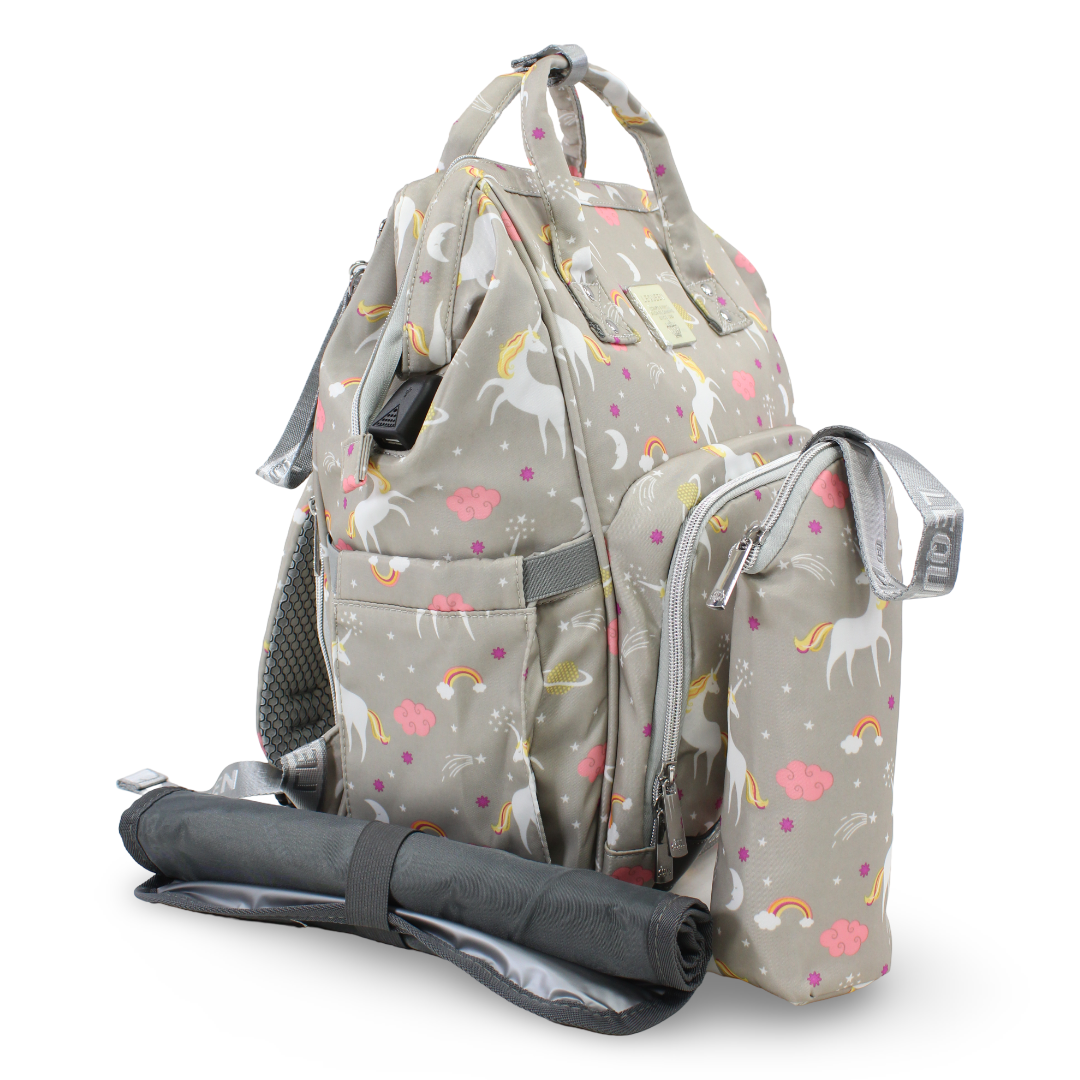 LeQueen Diamond 7th Edition Diaper Bag Set – Gray with Unicorn Print