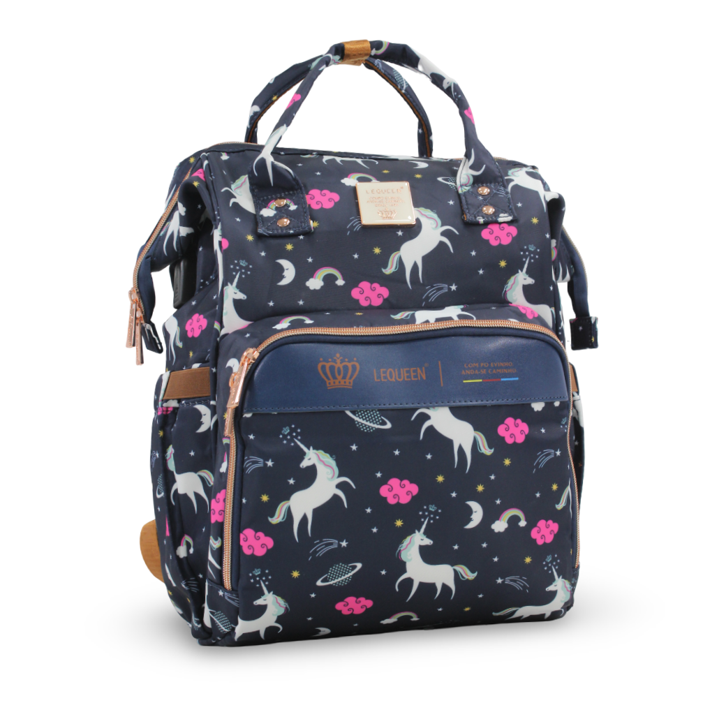 LeQueen Diaper Bag Backpack – Navy with Unicorn & Pink Cloud Print
